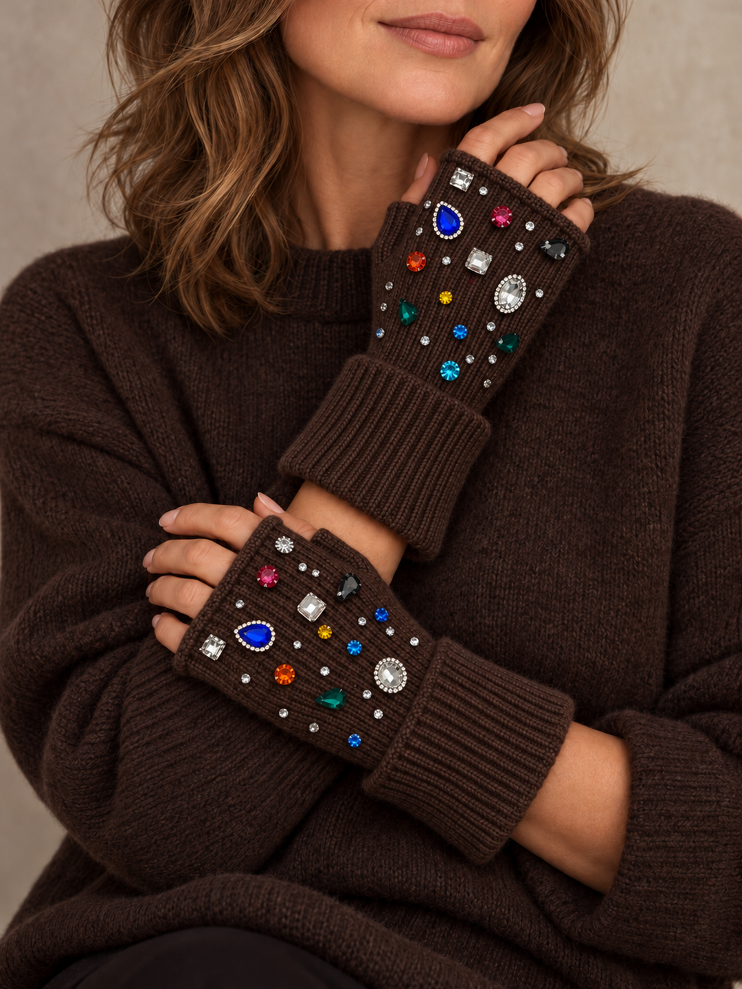 Embellished Fingerless Gloves Chocolate