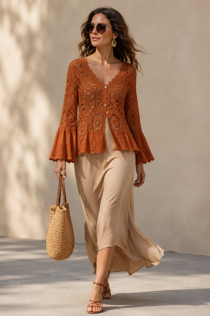 Mae Broderie Crochet Cardigan Toffee