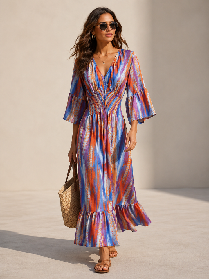 Muriel Watercolour Shirred Maxi Dress Coral