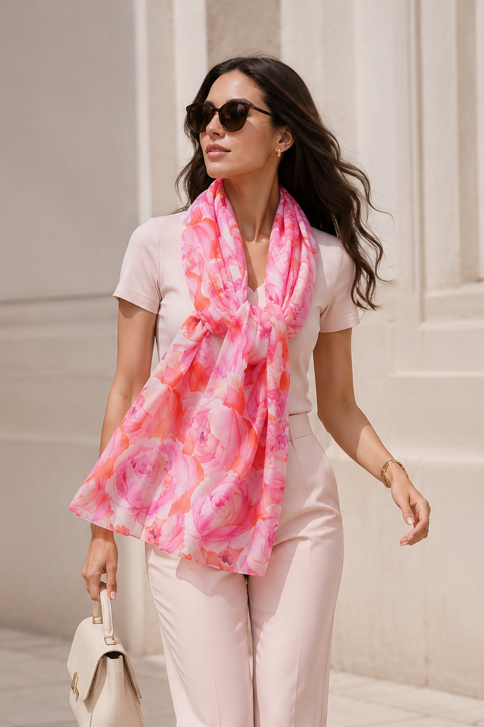 Peony Flower Print Scarf Pink
