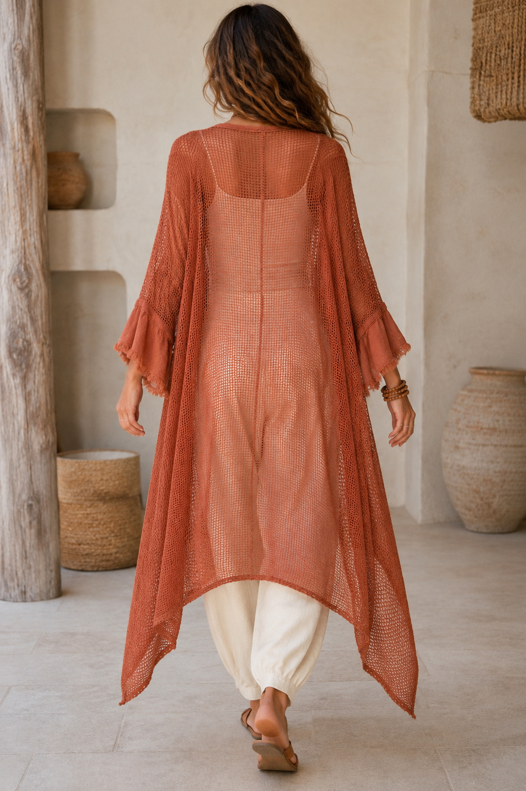 Mesh Waterfall Cardigan Terracota