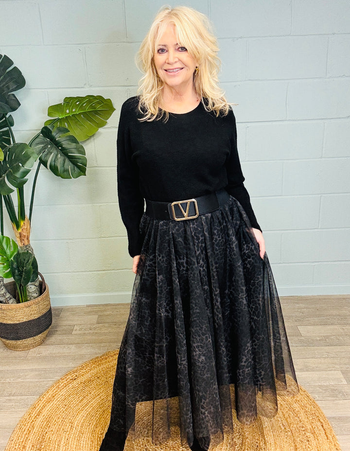 Lareena Leopard Tulle Skirt Grey