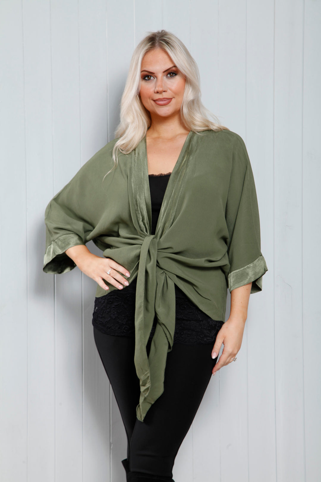 Satin Trim Shrug Khaki