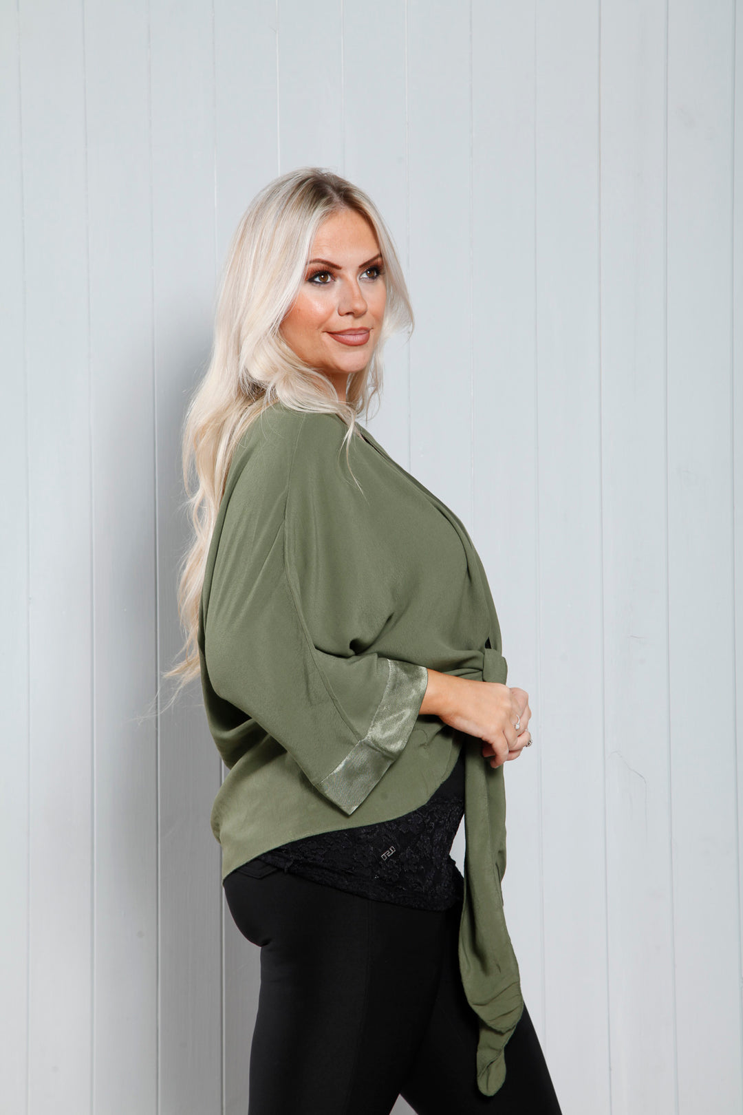 Satin Trim Shrug Khaki