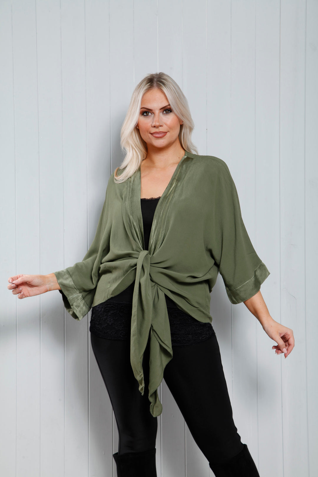 Satin Trim Shrug Khaki