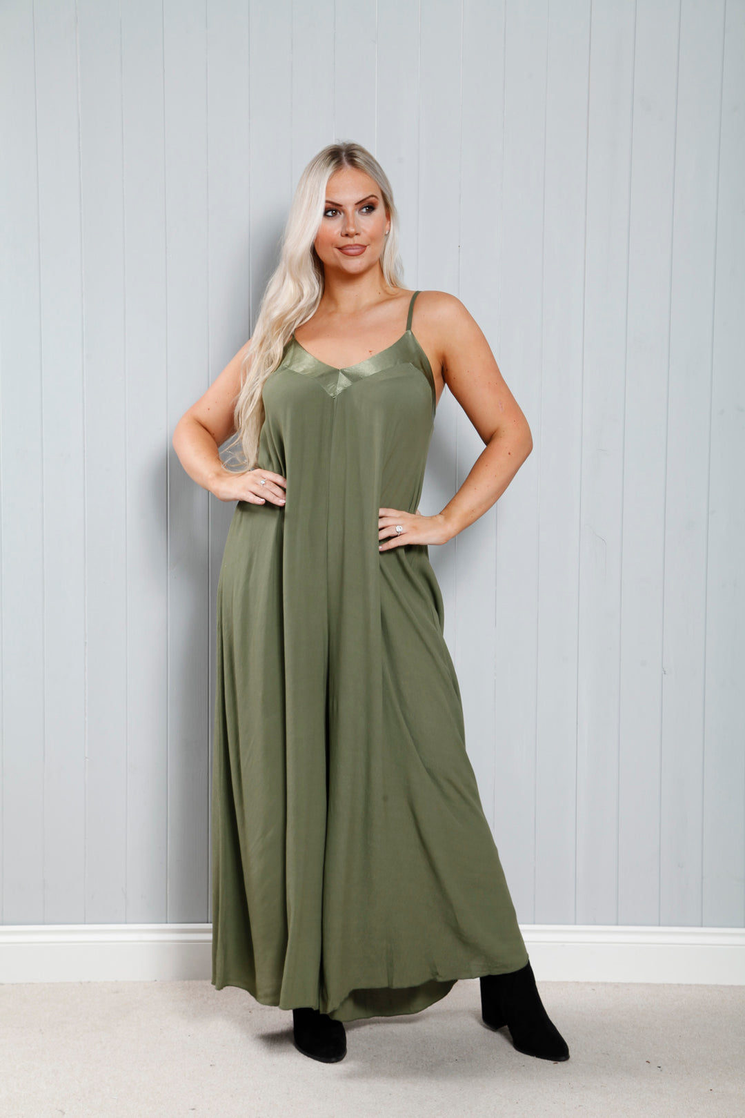 Satin Trim Jumpsuit Khaki