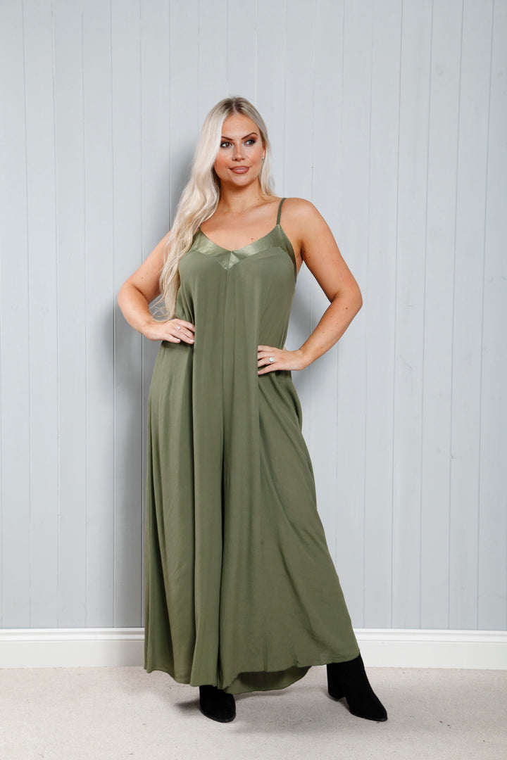 Satin Trim Jumpsuit Khaki