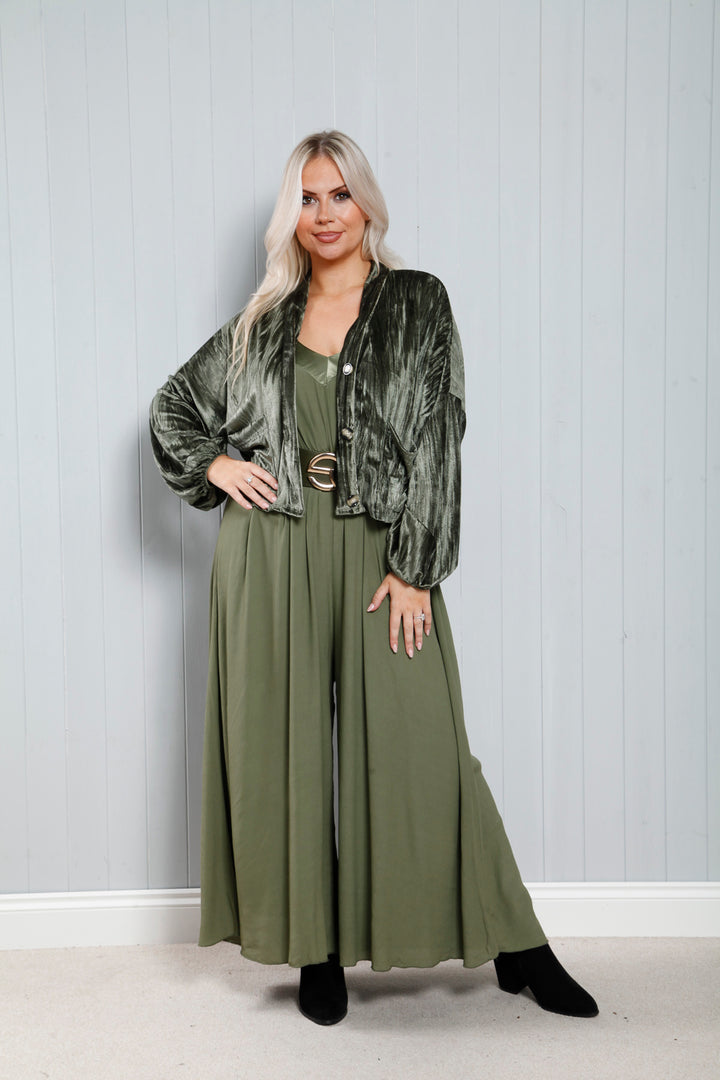 Satin Trim Jumpsuit Khaki