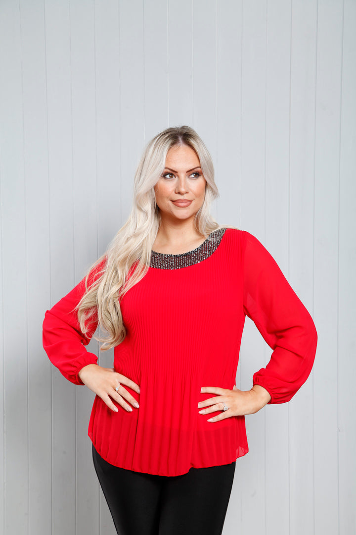 Pleated Sequin Neck Top Red