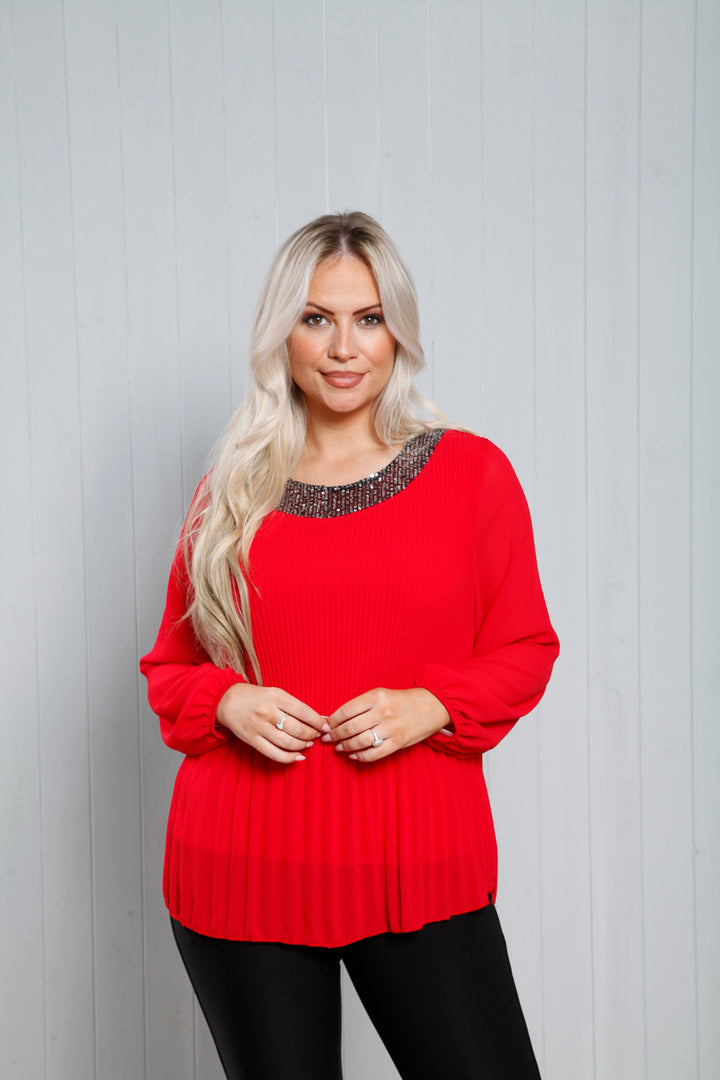 Pleated Sequin Neck Top Red