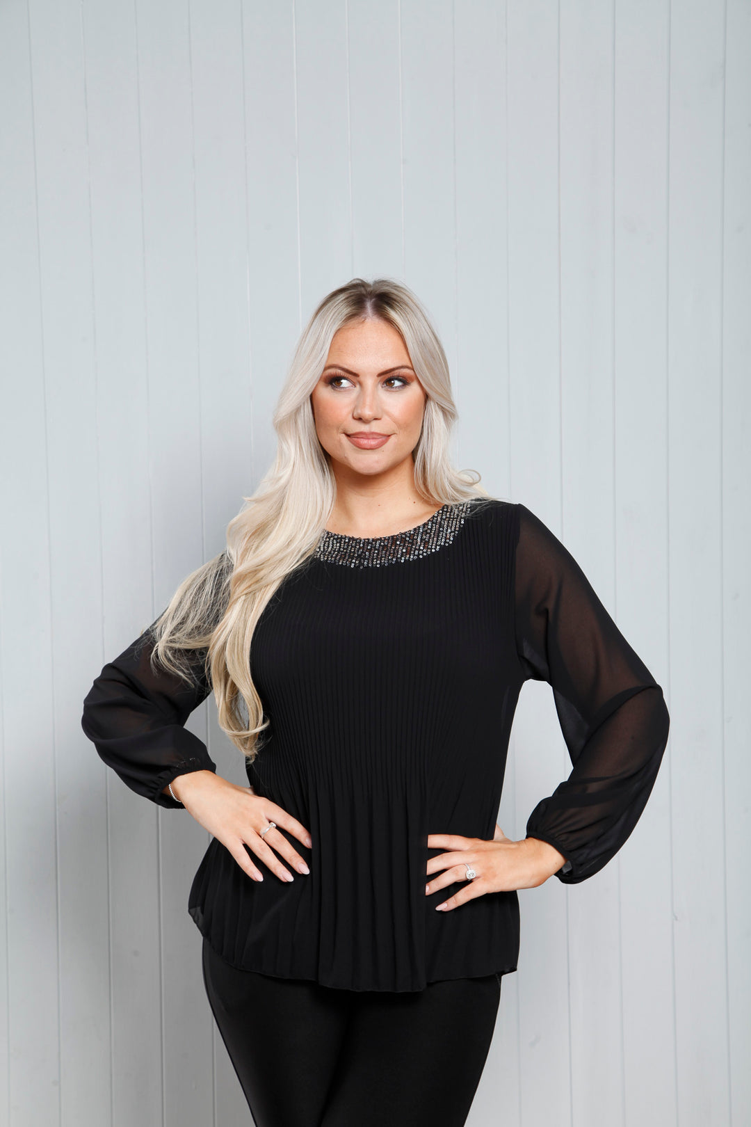 Pleated Sequin Neck Top Black