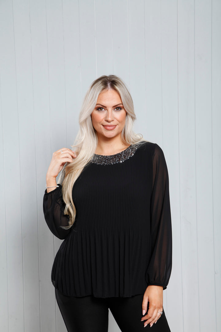 Pleated Sequin Neck Top Black