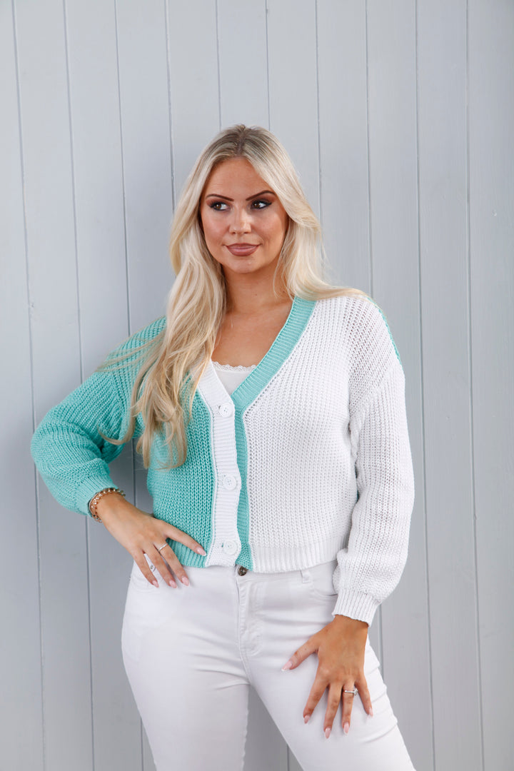 Contrast Knit Cardigan Aqua