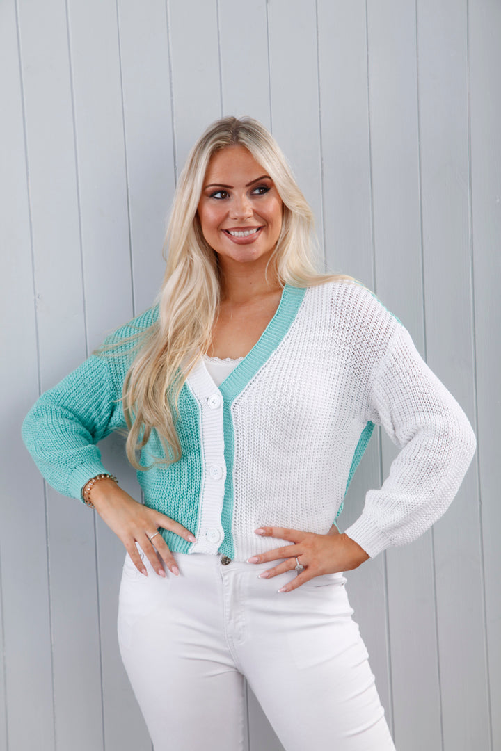 Contrast Knit Cardigan Aqua