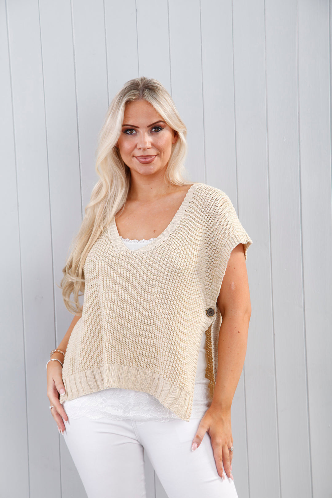 Bethany Button Top Beige