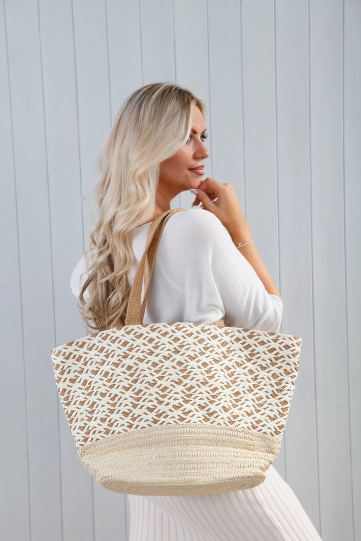 Contrast Raffia Bag Cream