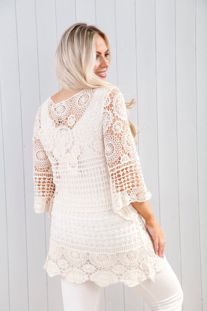 Oleana Open Knit Top Beige