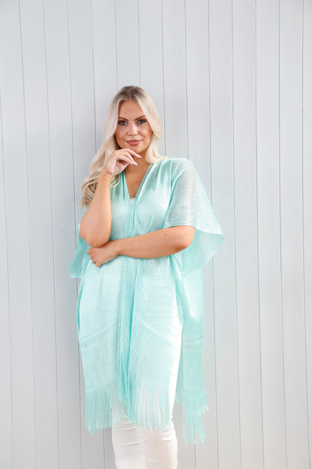 Metallic Fringed Kaftan Aqua