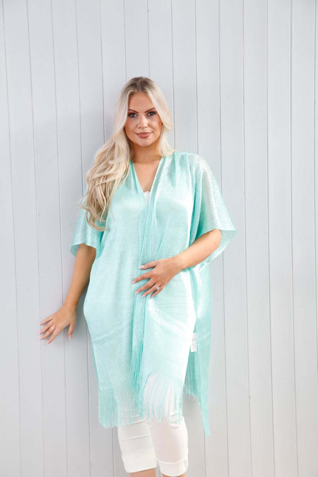 Metallic Fringed Kaftan Aqua