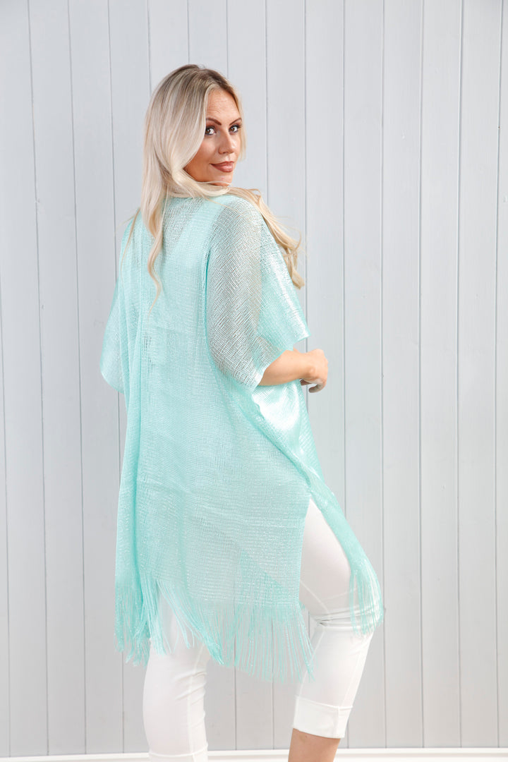 Metallic Fringed Kaftan Aqua