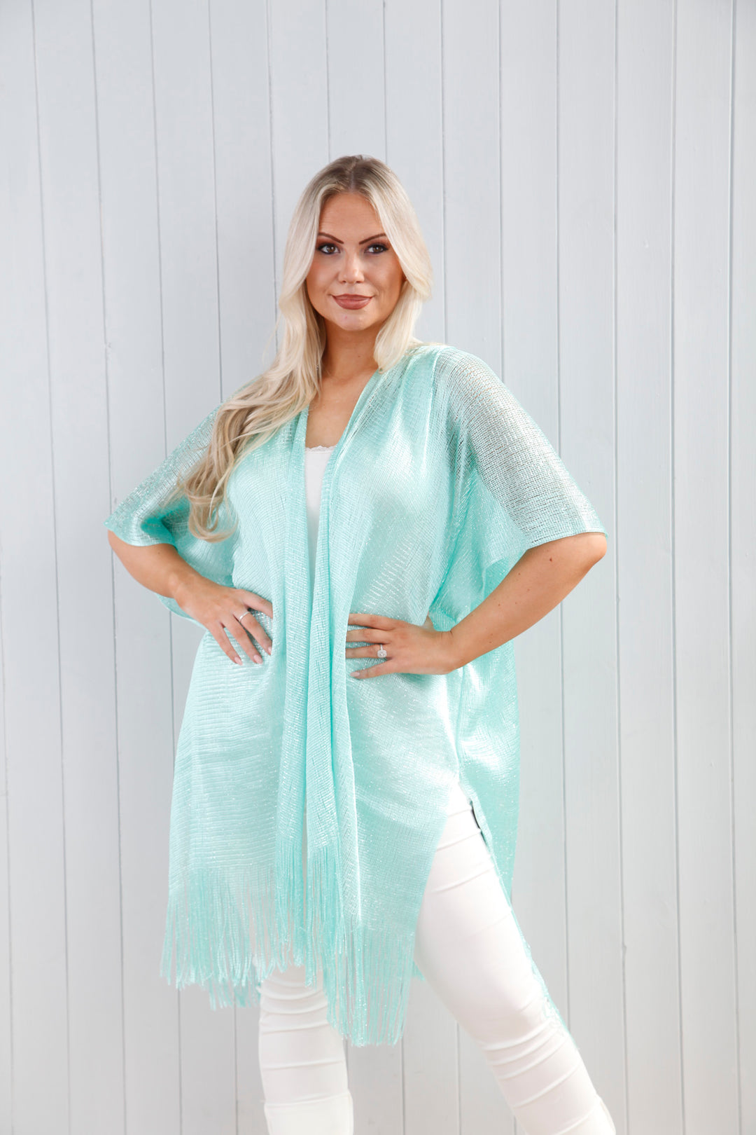 Metallic Fringed Kaftan Aqua