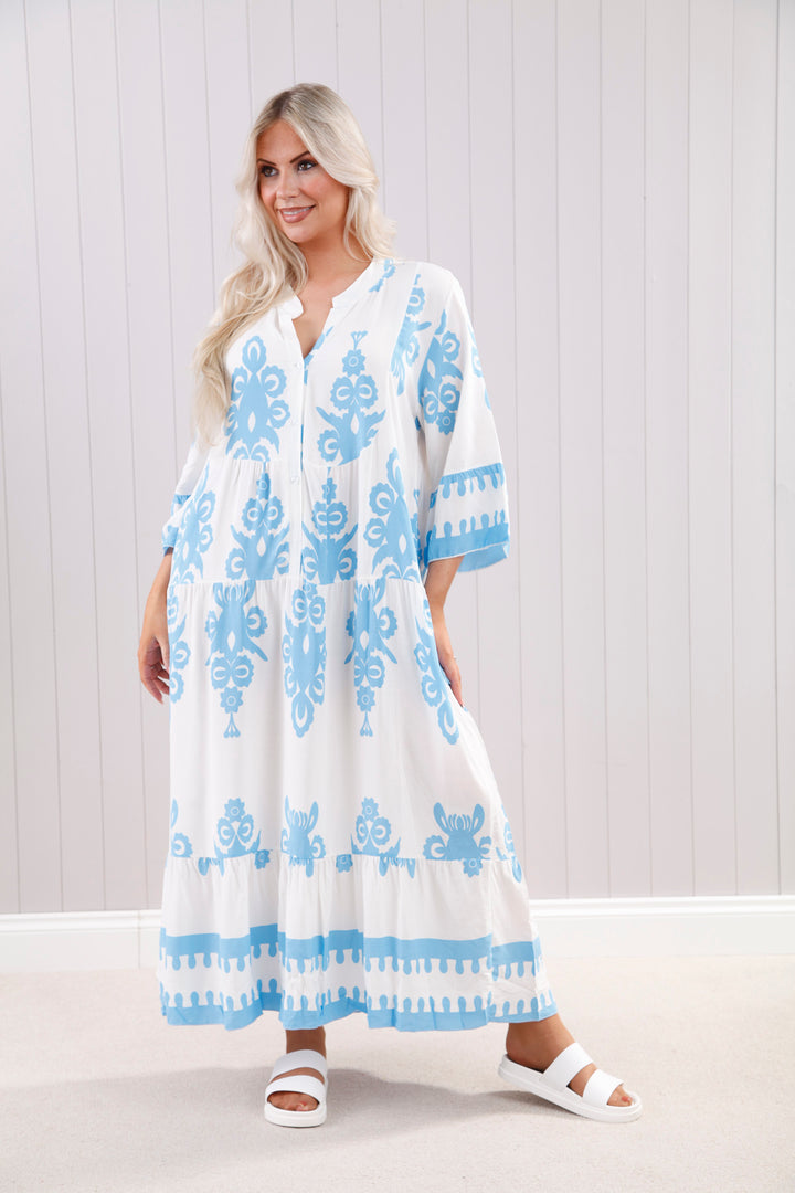Blue Damask Print Maxi Dress