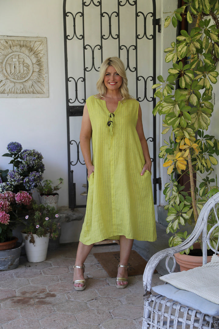 Libby Linen Stripe Dress Lime