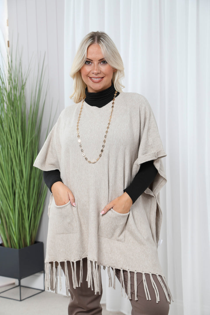 Pocket Fringe Poncho Beige