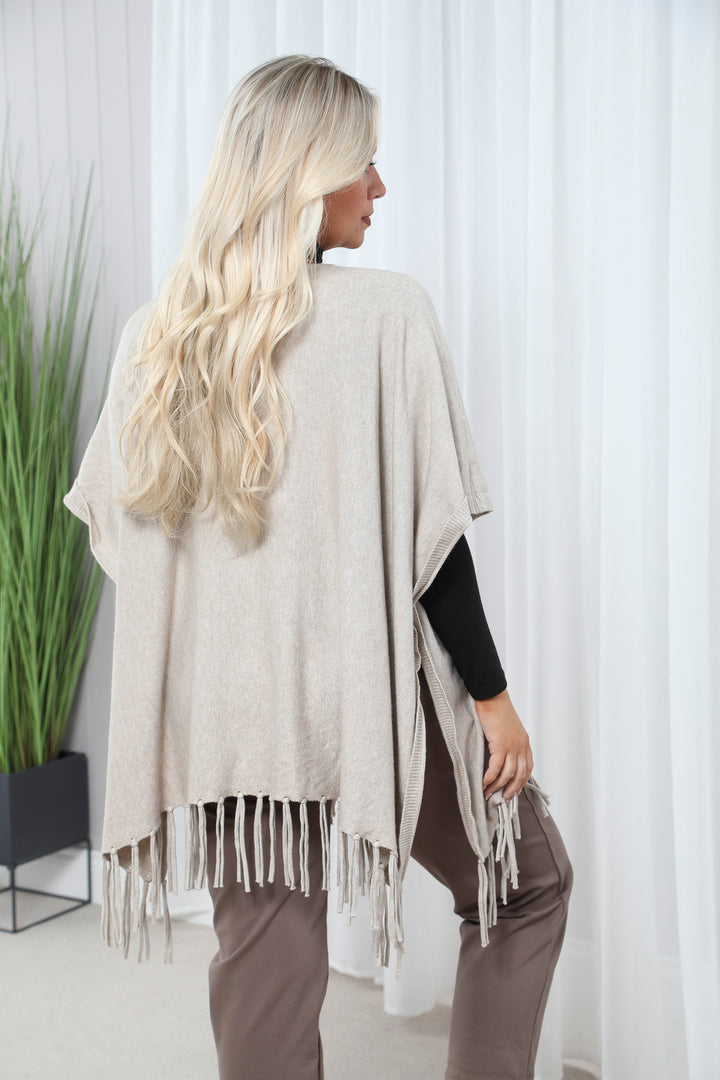 Pocket Fringe Poncho Beige