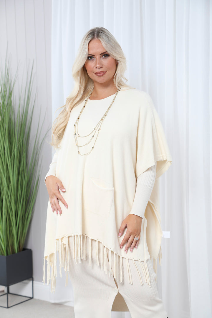 Pocket Fringe Poncho Cream