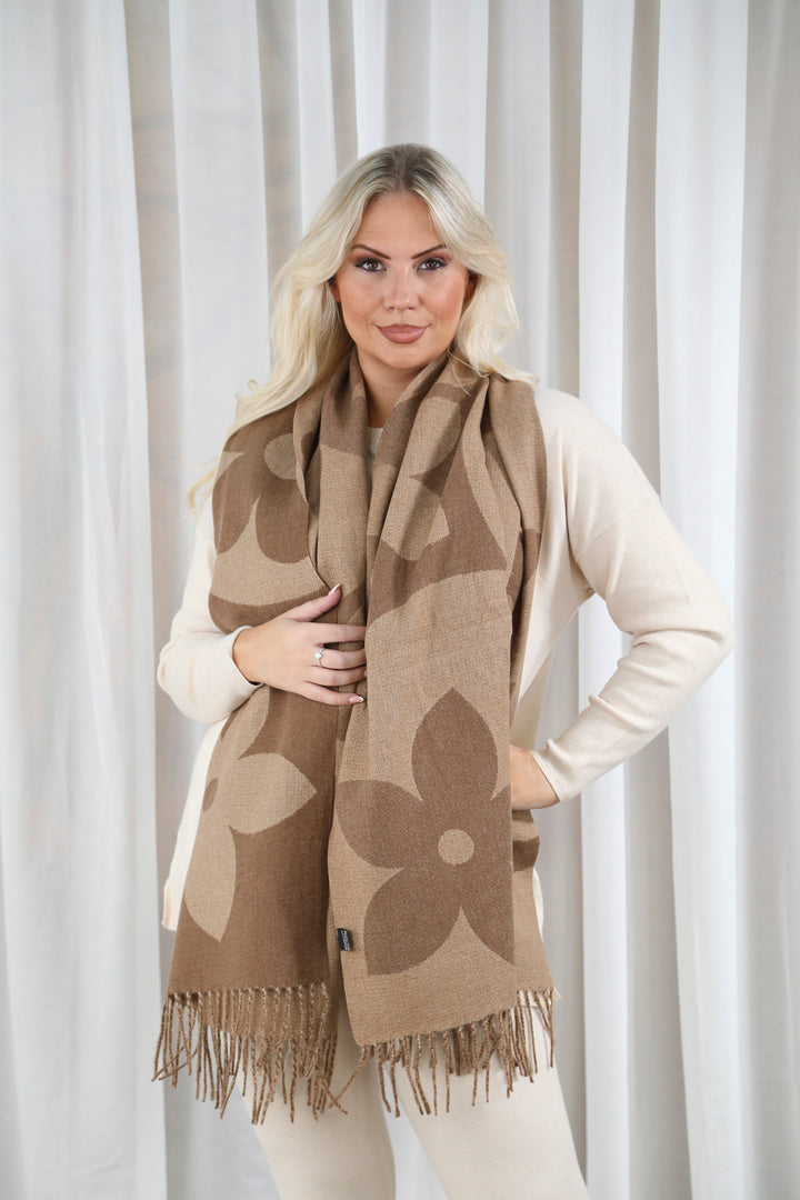 Large flower fringe scarf  Taupe