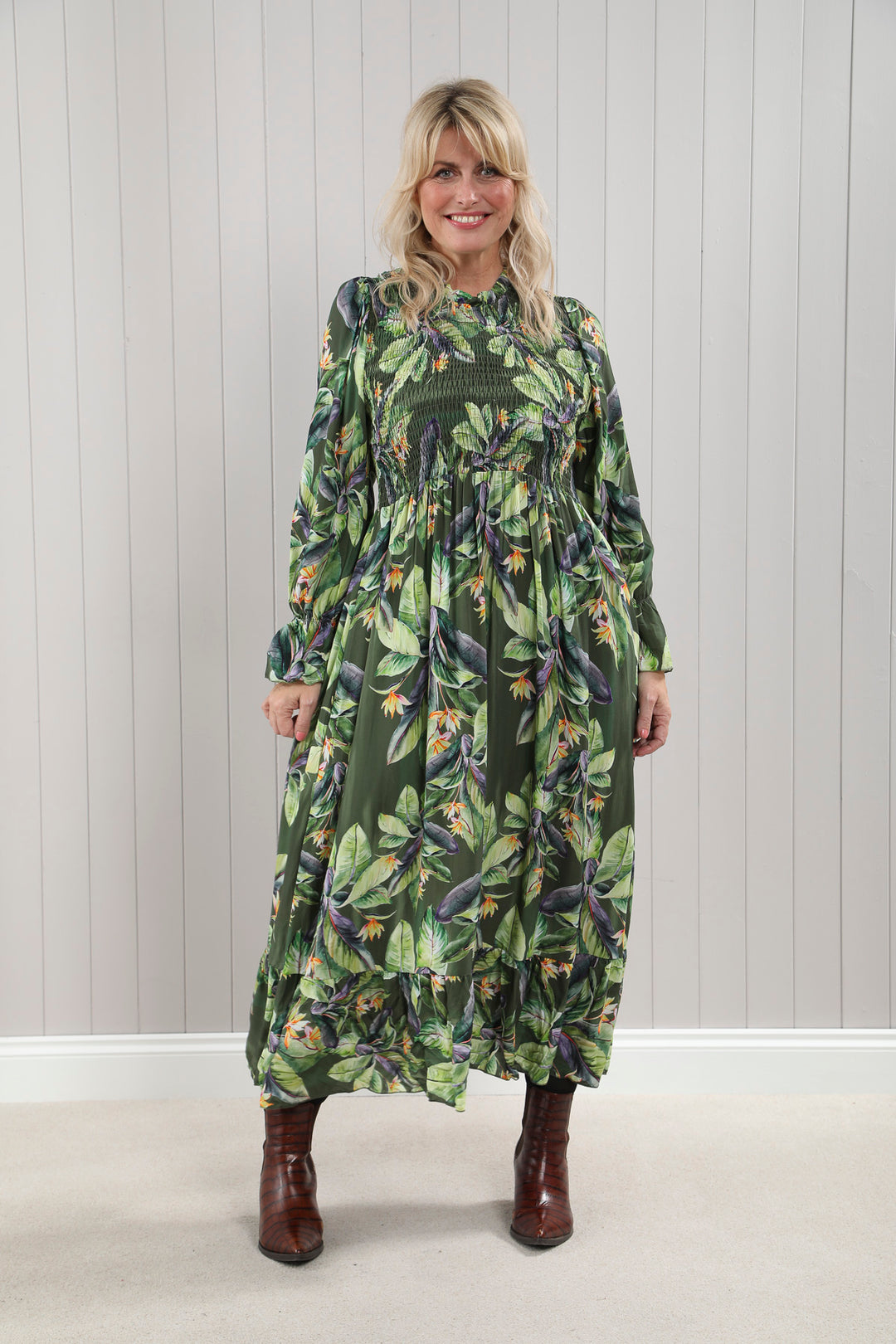 Shirred Leaf Print Dress