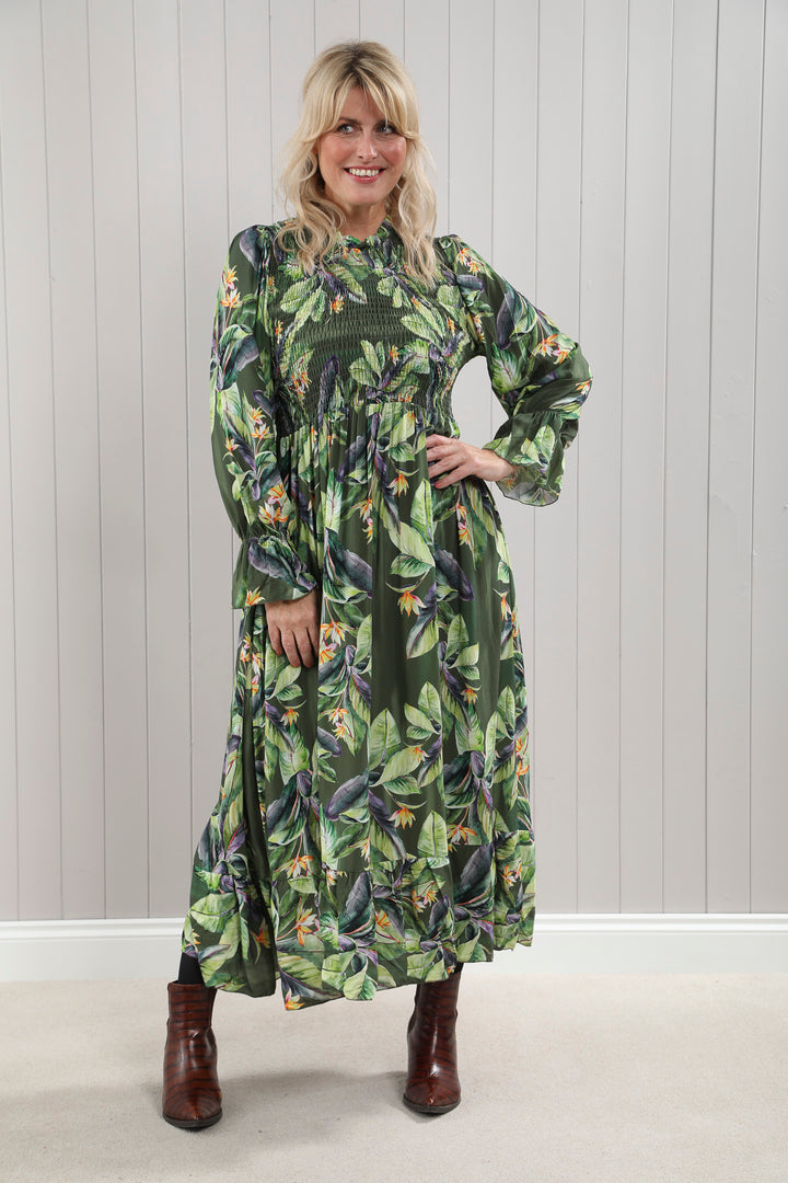 Shirred Leaf Print Dress