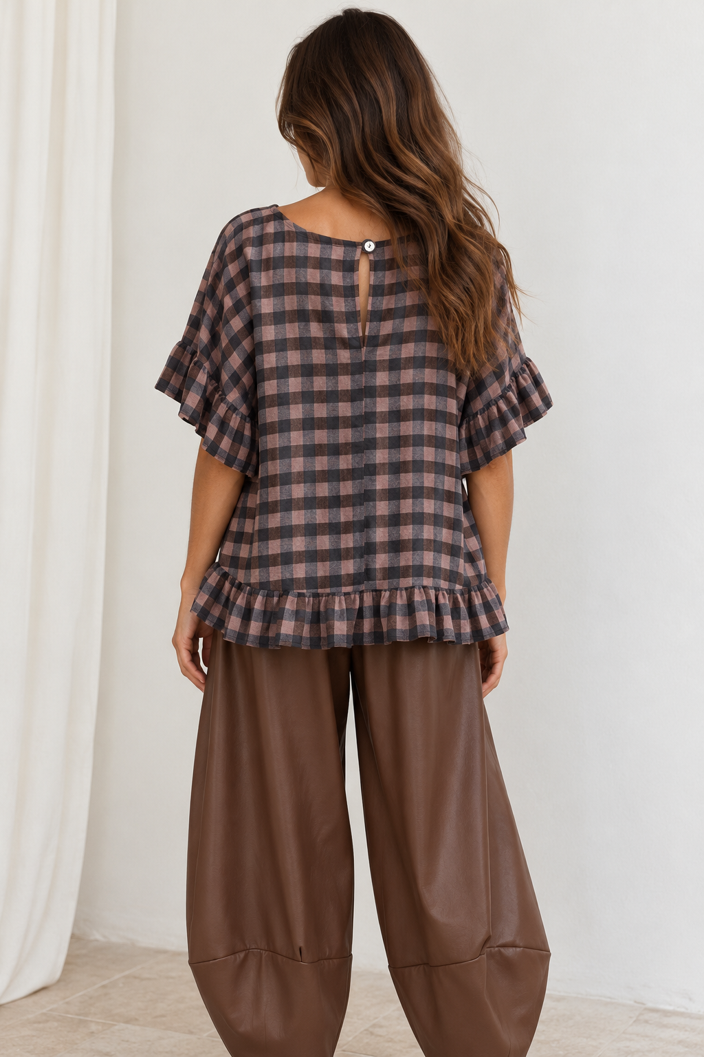 Rosana Checked Frill Top Blush