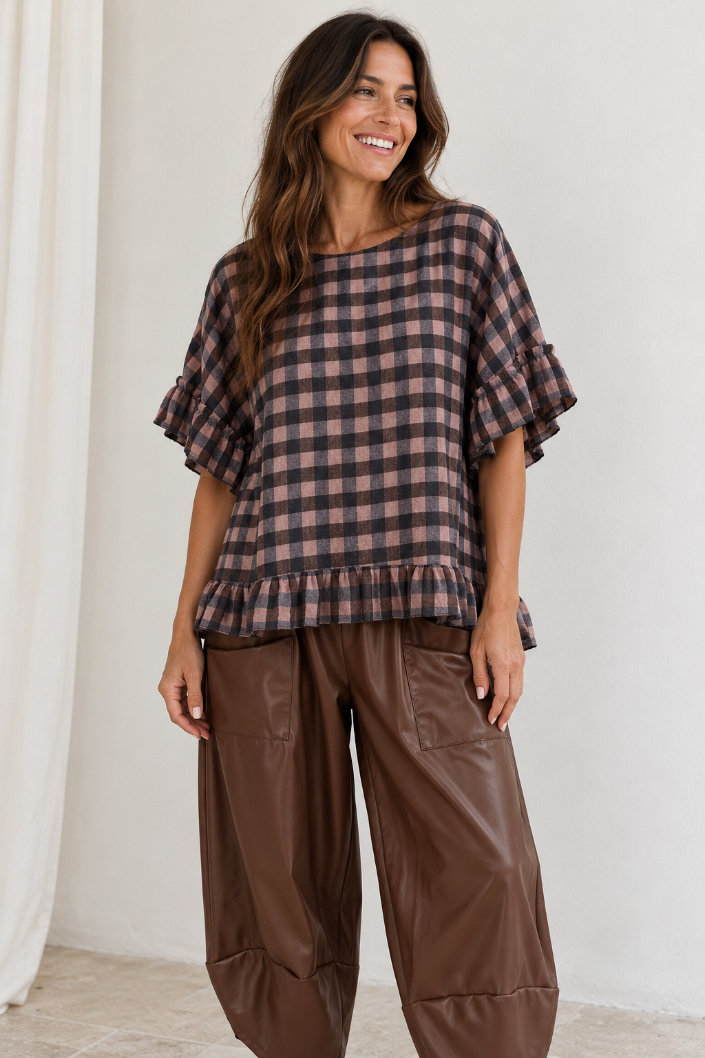 Rosana Checked Frill Top Blush
