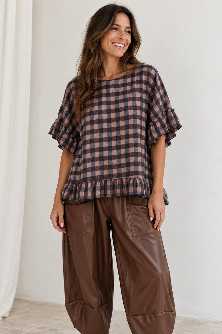 Rosana Checked Frill Top Blush