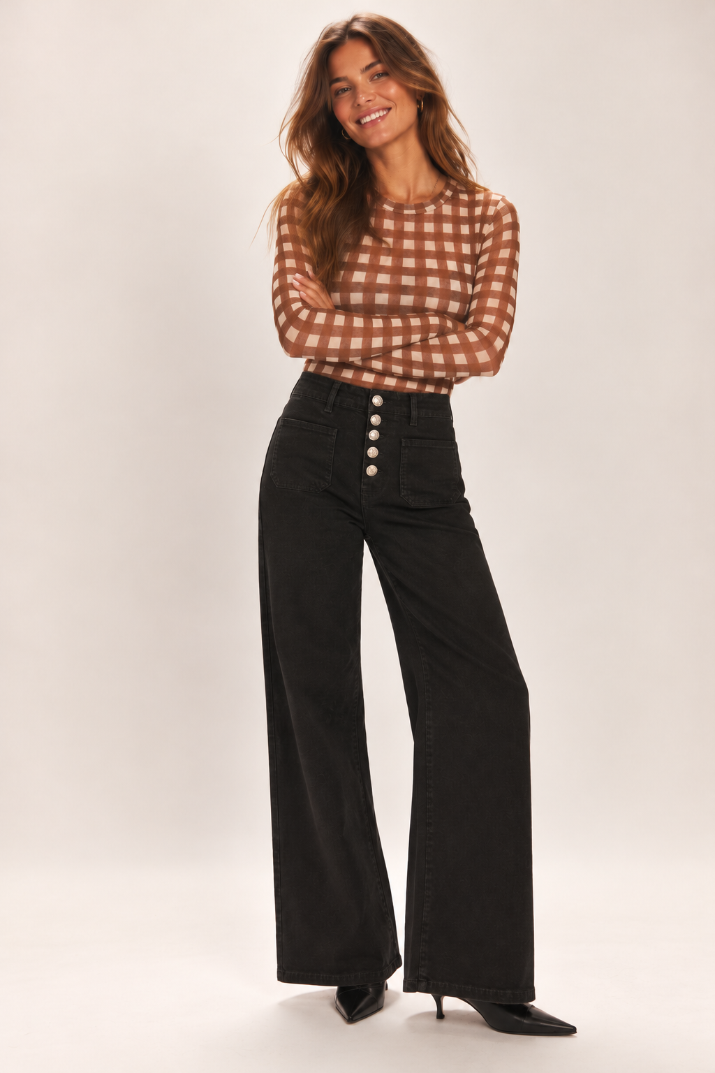 Embellished Button Wide Leg Jeans Black