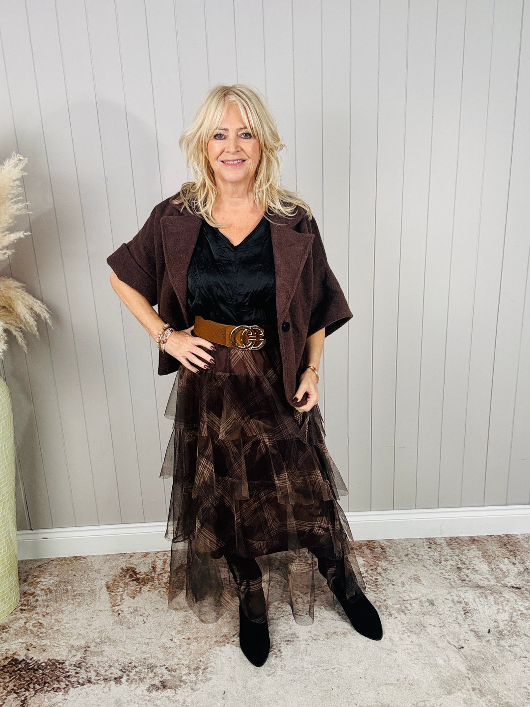 Luciana Tartan Ruffle Skirt Espresso