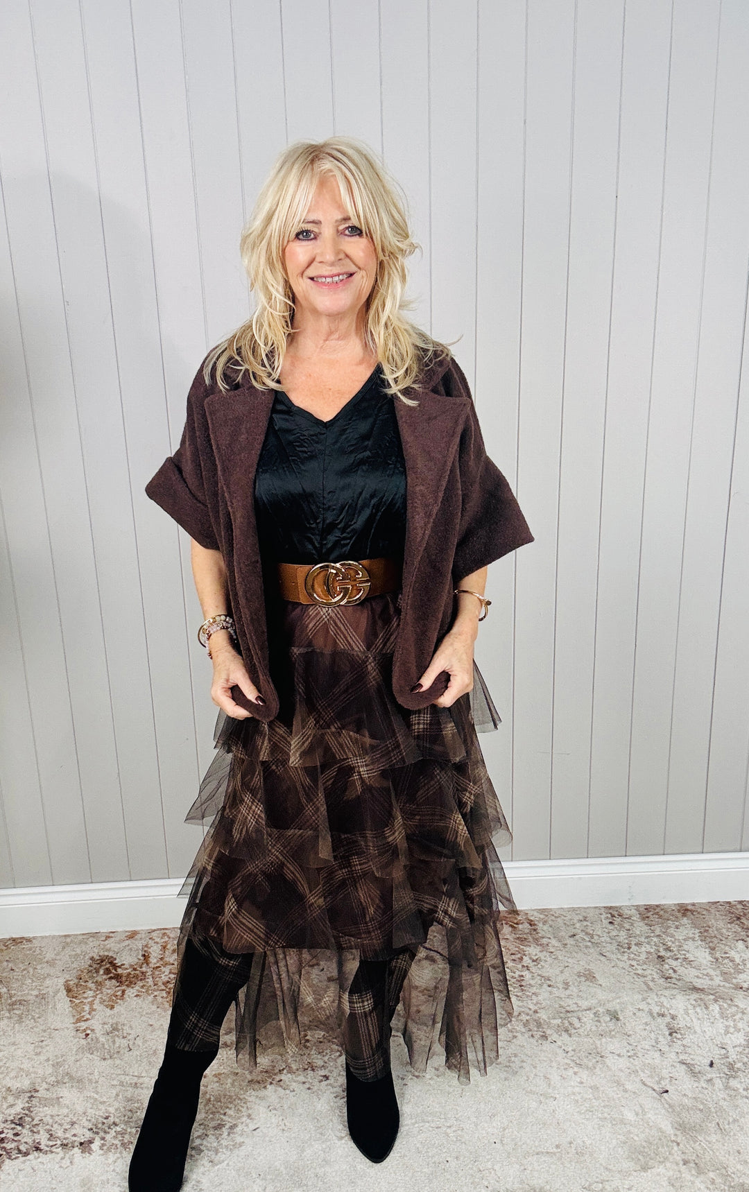 Luciana Tartan Ruffle Skirt Espresso