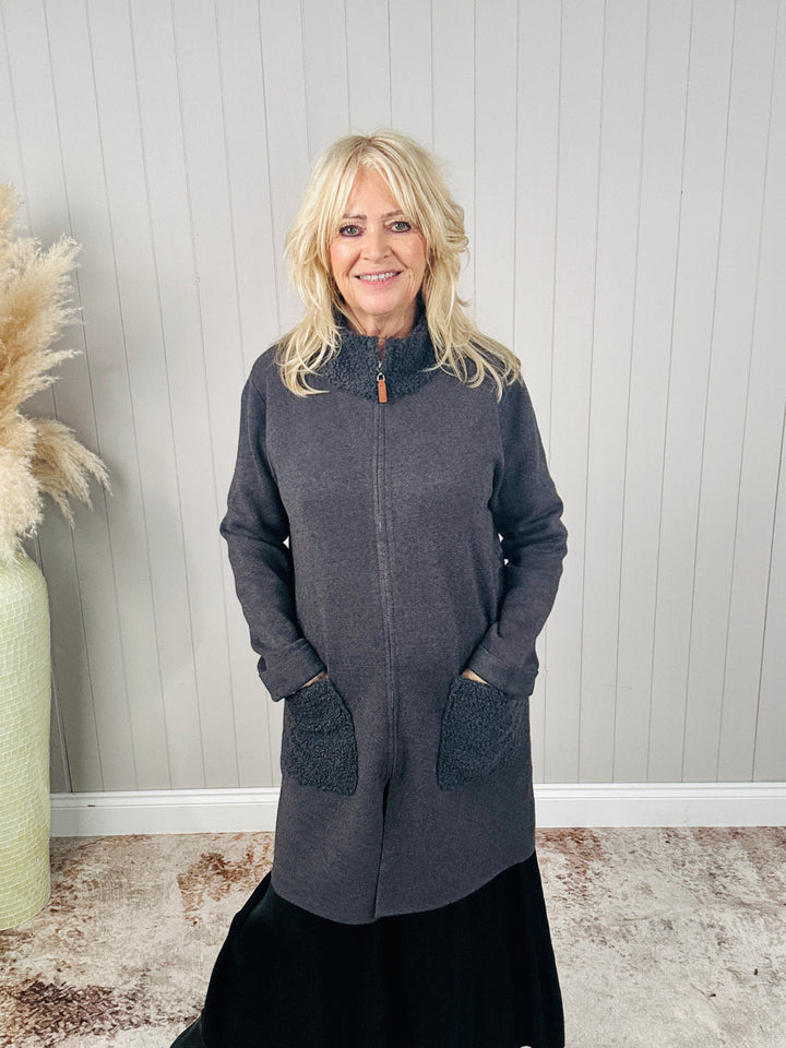 Teddy Trim Cardigan Charcoal