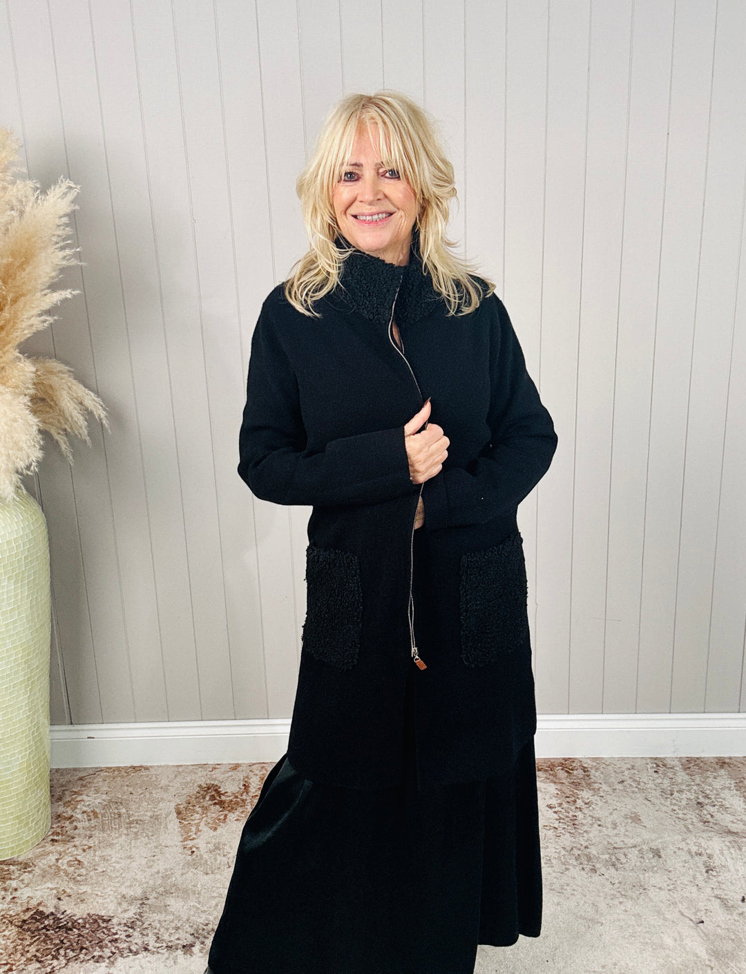 Teddy Trim Cardigan Black