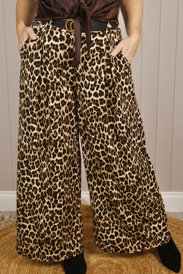 Wide Leg Leopard Trousers Beige