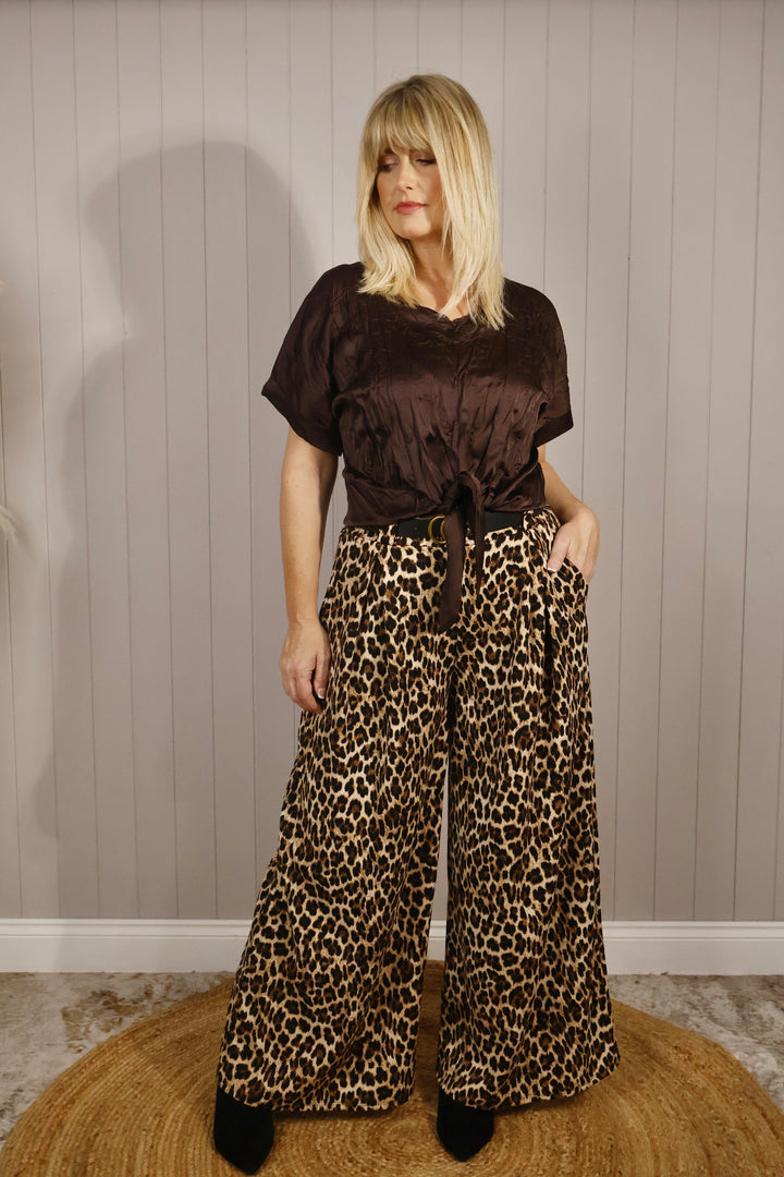 Wide Leg Leopard Trousers Beige