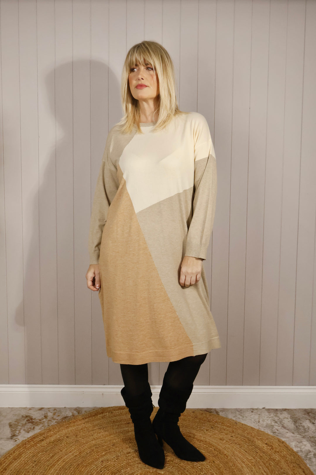 Block Print Tunic Dress Beige