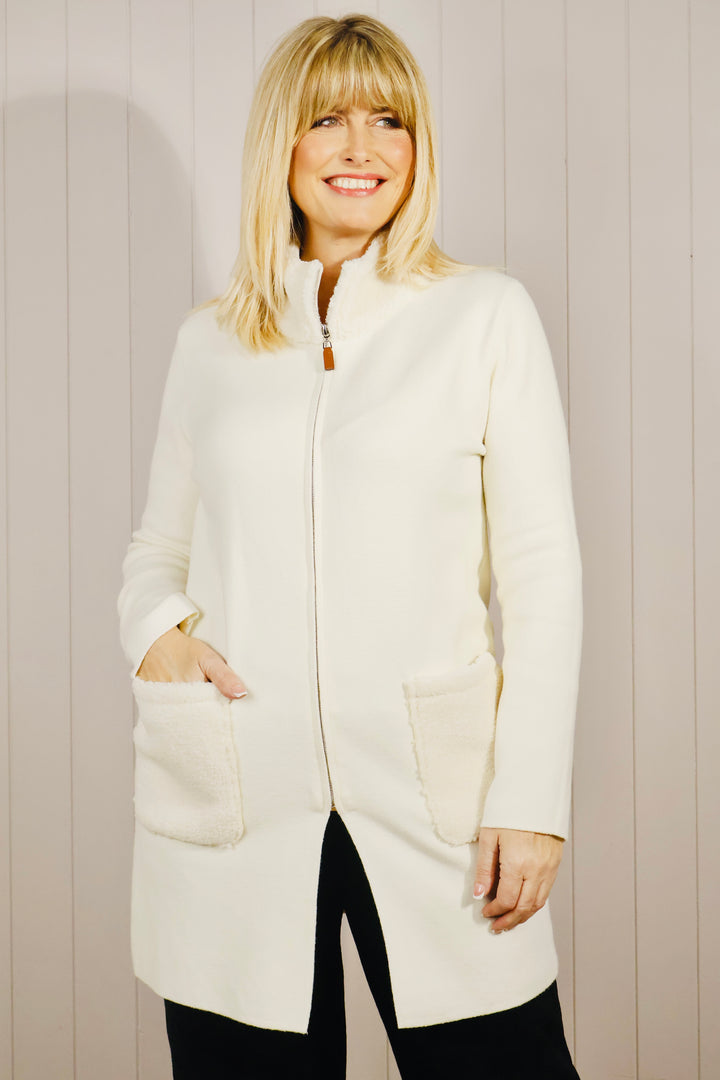 Teddy Trim Cardigan Cream