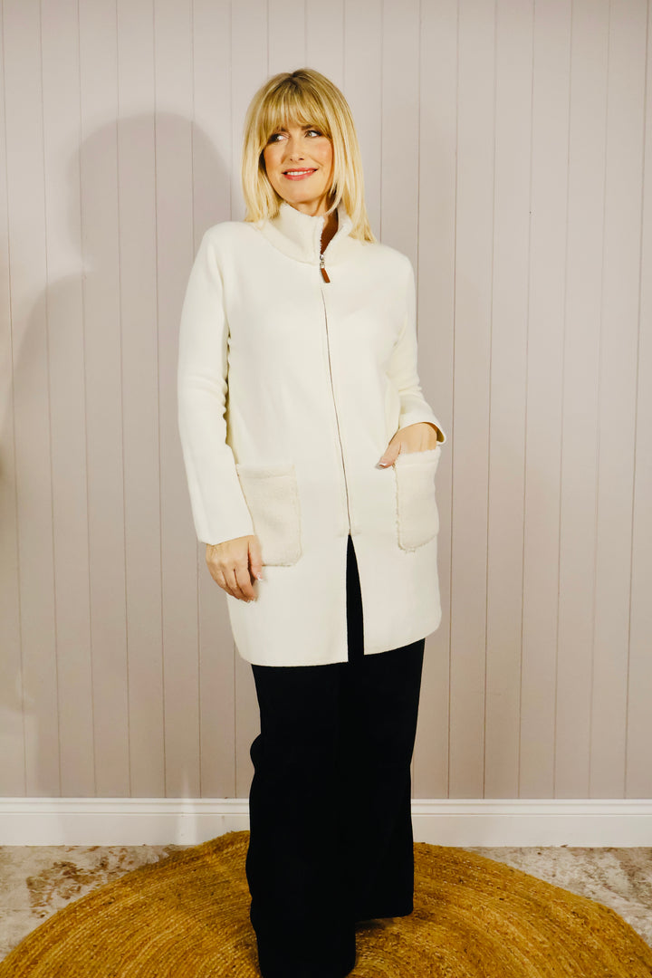 Teddy Trim Cardigan Cream