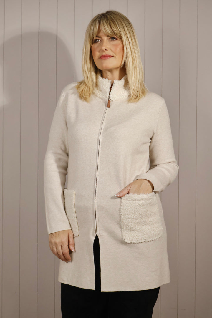 Teddy Trim Cardigan Beige