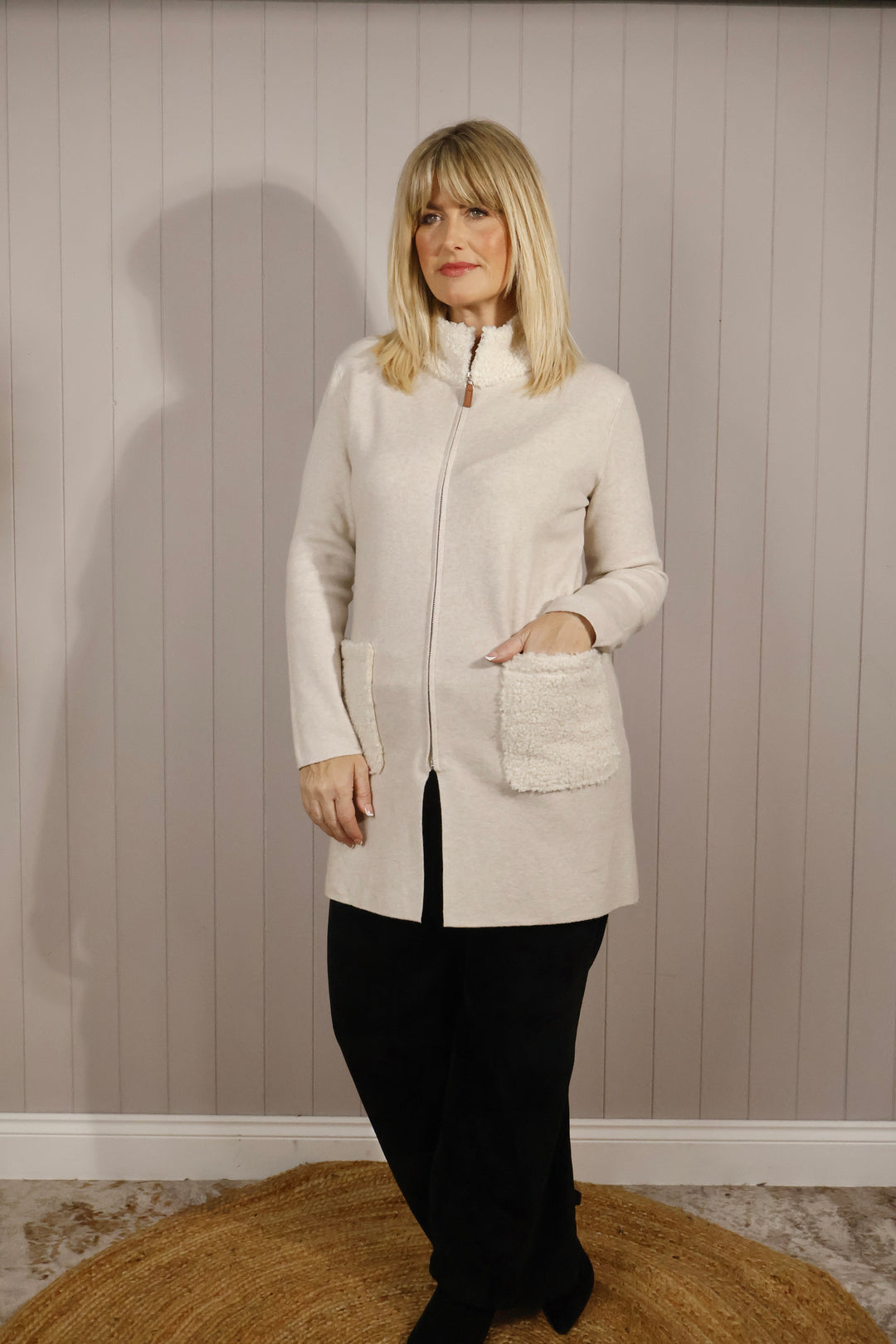 Teddy Trim Cardigan Beige