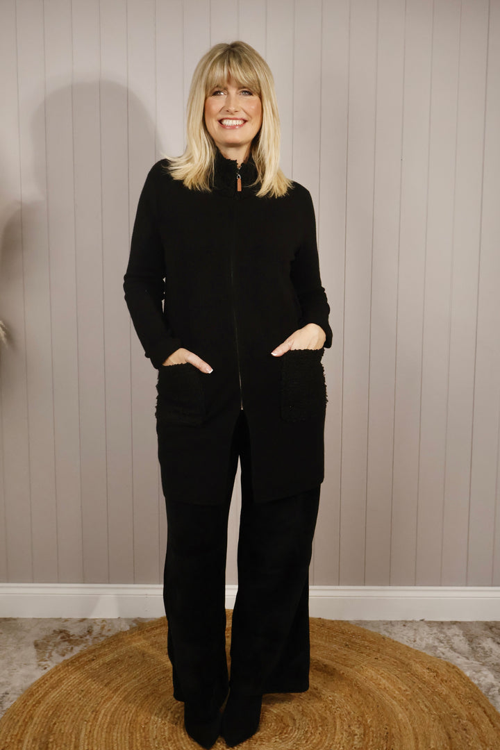 Teddy Trim Cardigan Black