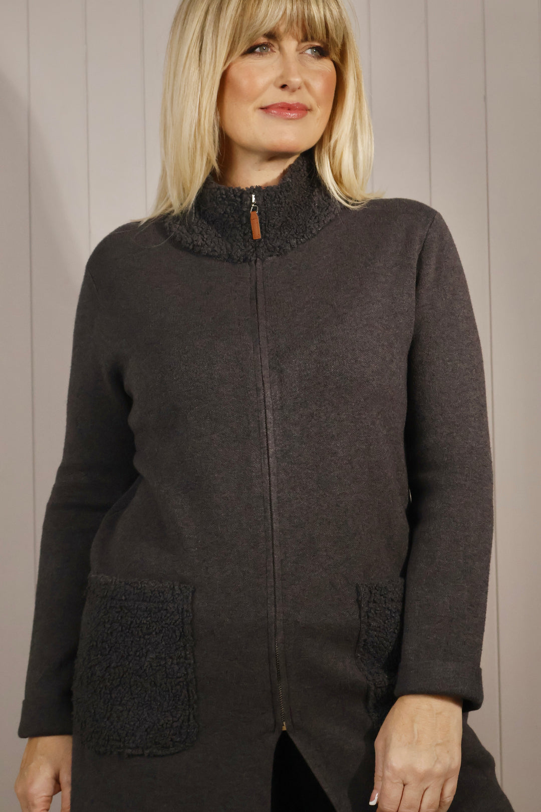 Teddy Trim Cardigan Charcoal